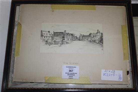 Four assorted drawings, including Epsom High Street, largest 21 x 28cm